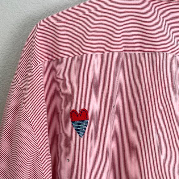 MiLi Designs Womens Plus 1X Button Up Shirt Heart Patches Red Striped Blouse Top - Picture 10 of 11